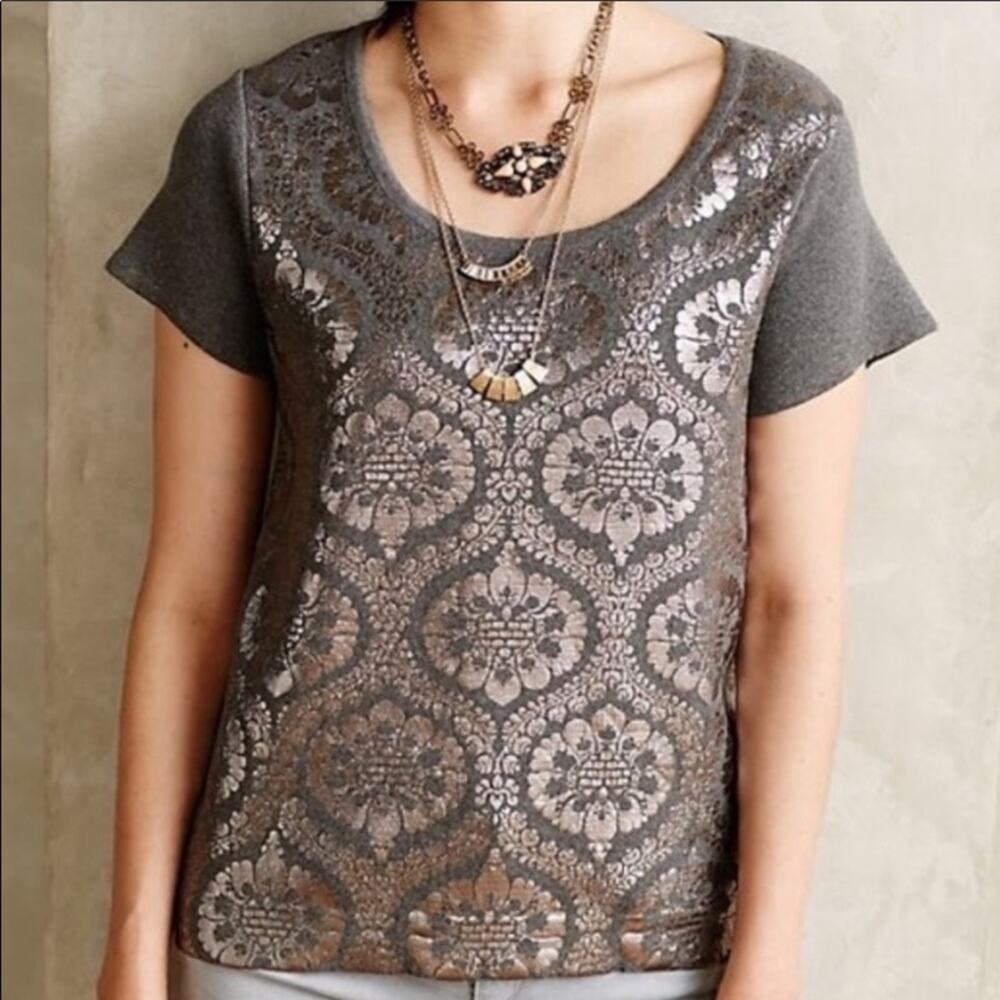 Anthropologie Moth Drawstring Room Pullover Gray Short Sleeve Sweater